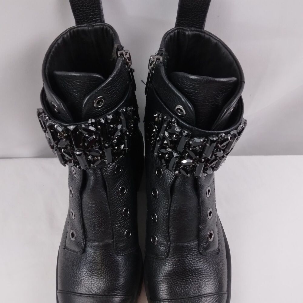 Karl Lagerfeld PIPPA Black Pebbled Leather Rhinestone Combat Boots Size 6M - Picture 5 of 16